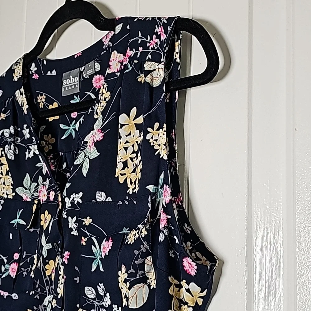Vintage NY&Co M Soho blouse navy blue/floral button down tank blouse - Picture 3 of 9